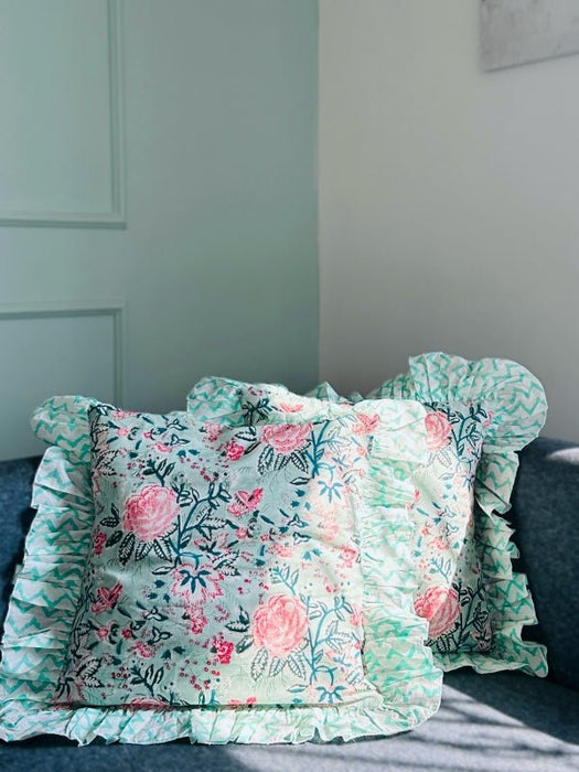 Mint Blue Chintz Ruffle Cushion Cover