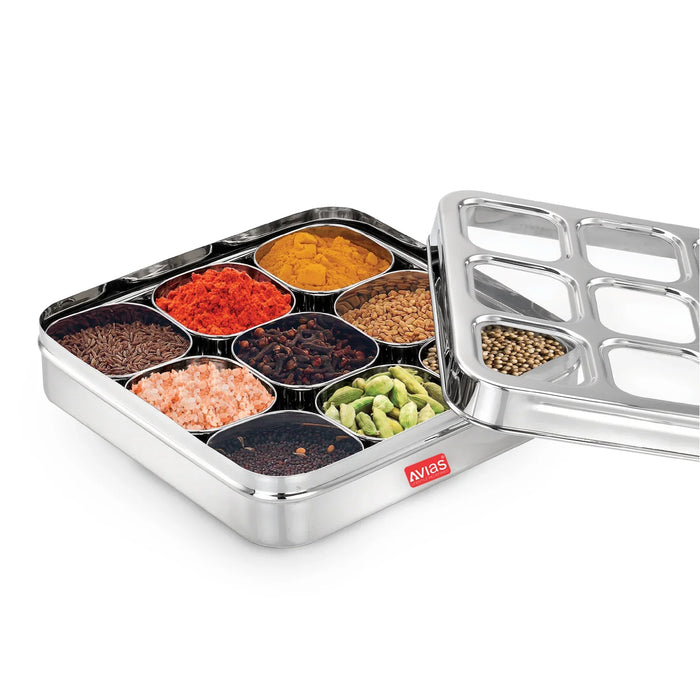 Stainless Steel Dry Fruit Cum Spice Box With 9 Square Compartments (Design) |Rust-Free See-Through Lid |Break-Resistant Acrylic Sheet |Durable Masala Dani |Masala Dabba|Dryfruit Box |Organiser