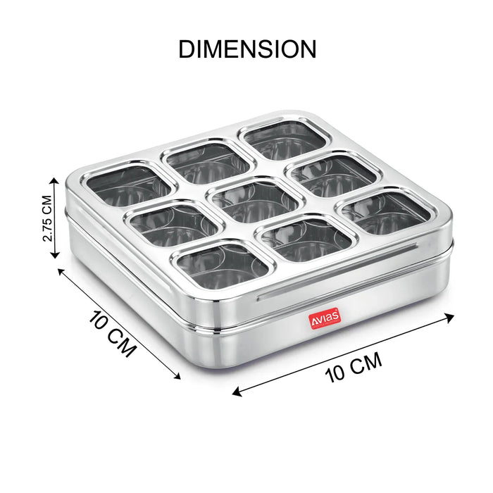 Stainless Steel Dry Fruit Cum Spice Box With 9 Square Compartments (Design) |Rust-Free See-Through Lid |Break-Resistant Acrylic Sheet |Durable Masala Dani |Masala Dabba|Dryfruit Box |Organiser