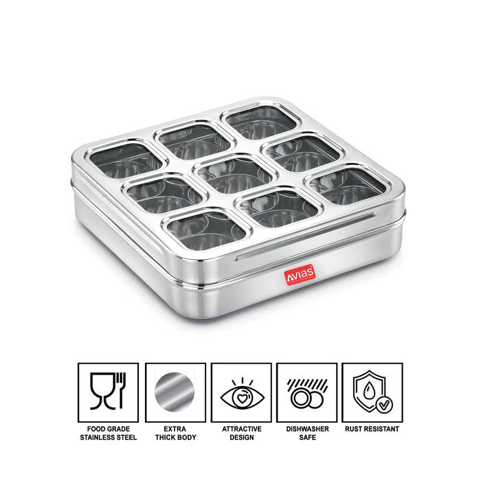 Stainless Steel Dry Fruit Cum Spice Box With 9 Square Compartments (Design) |Rust-Free See-Through Lid |Break-Resistant Acrylic Sheet |Durable Masala Dani |Masala Dabba|Dryfruit Box |Organiser