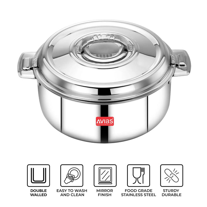 Avistar Double Wall Insulated Stainless Steel Casserole/ Hotpot/ Chapati Box/ Hot Case With Lid | Twist Lock | 1L/ 1.5L/ 2.5L/ 3.5L/ 5L/ 7.5L/ 10L - Silver