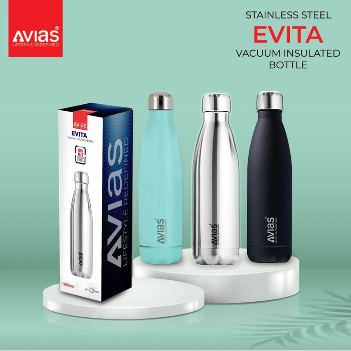 Evita Premium Stainless Steel Vacuum Insulated Flask Water Bottle| 1 Litre/ 750Ml | Black