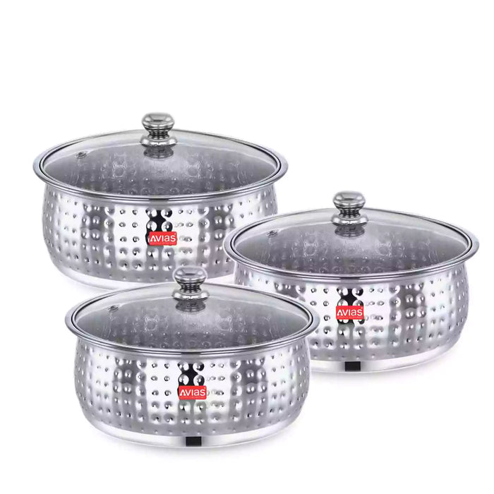 Indus 20G Hammered Food Server | Set Of 3 | See-Through Lid | Mirror Finish