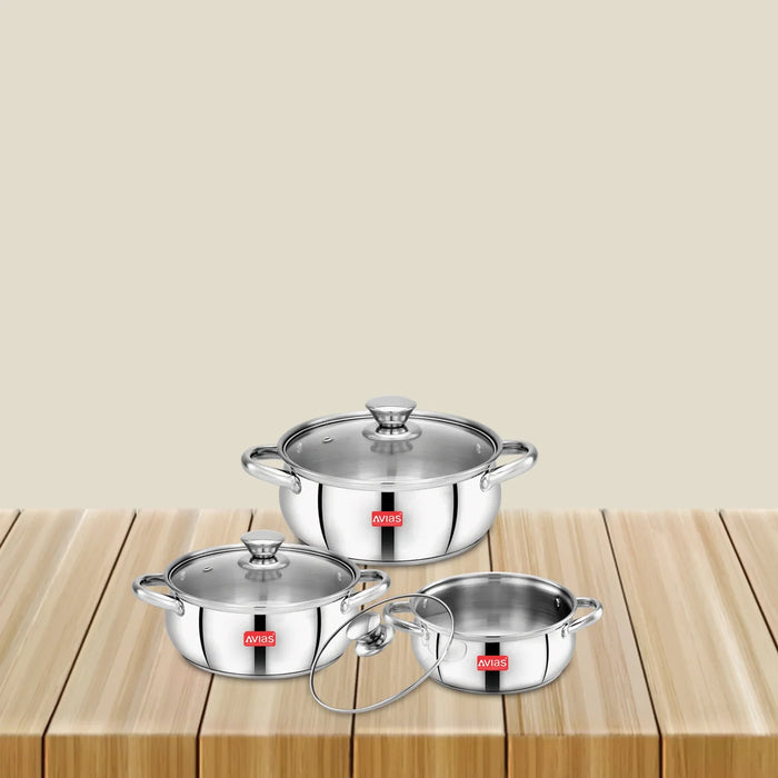 Inox Ib 6Pcs Cookpot Set | Sandwich Bottom | Robust And Highly Durable | Induction Friendly | Riveted Handles | 3 Pieces Of Cookpot + Glass Lid