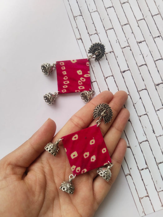 Pink Bandhani Fabric Jhumka Earrings For Women