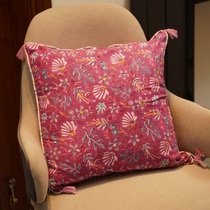 Purple Floral Accent Tassel Cushion Cover