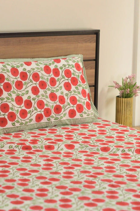 Red Hibiscus Handblock Printed Double Bedsheet Set