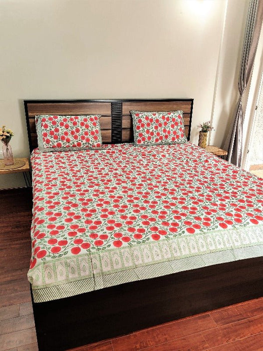 Red Hibiscus Handblock Printed Double Bedsheet Set