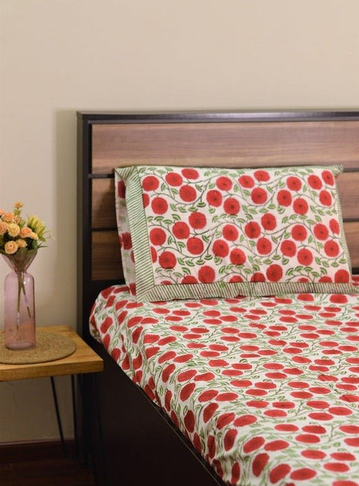 Red Hibiscus Handblock Printed Double Bedsheet Set