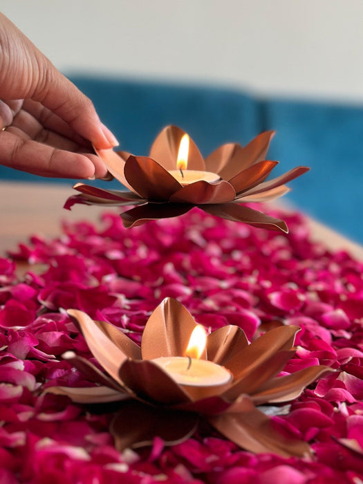 Rose Gold Lotus Tealight Holder Set Of 2