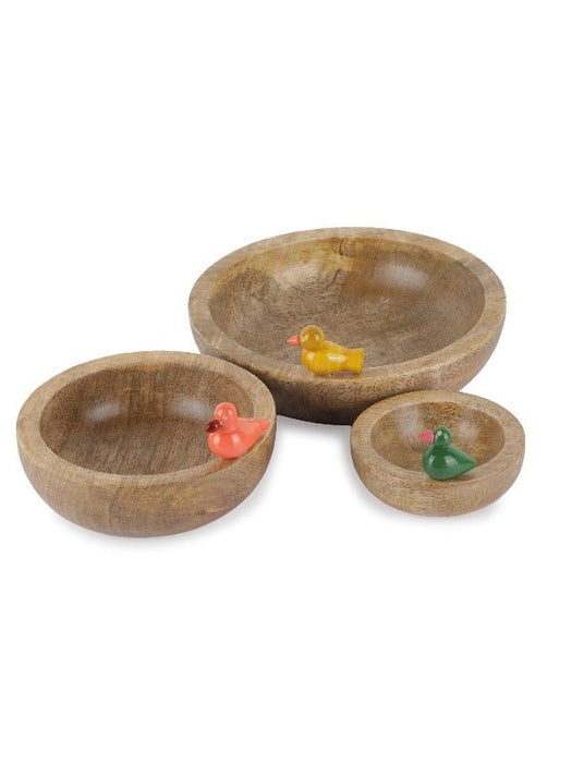 Round Wooden Bowls With Birdie Figurine Set Of 3