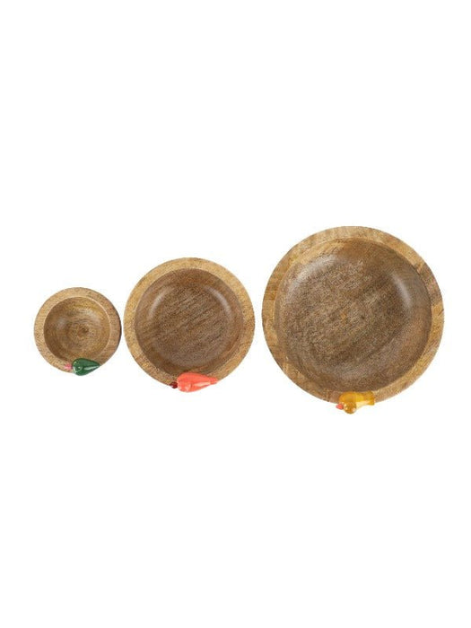 Round Wooden Bowls With Birdie Figurine Set Of 3