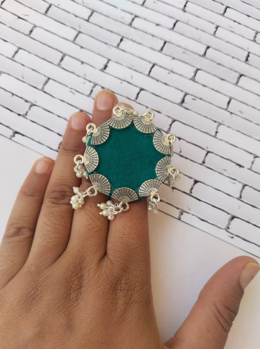 Sea Green and silver fabric adjustable finger ring