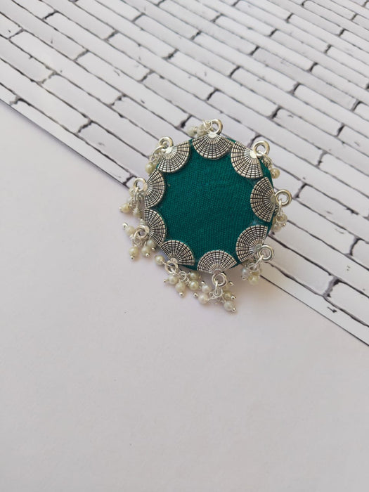 Sea Green and silver fabric adjustable finger ring