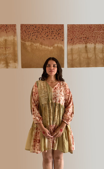 Bageeya “Glitzy” Natural Dyed Handcrafted Handwoven Organic Cotton Tiered Dress | Crafted with Harda and Marigold and detailed with Gold zari