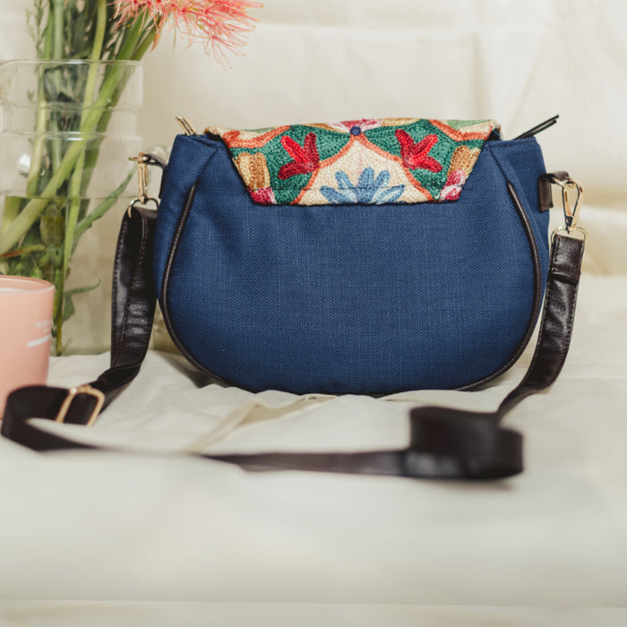 Sillica Blue Chain Stitch Hand Embroidery Canvas Sling Bag