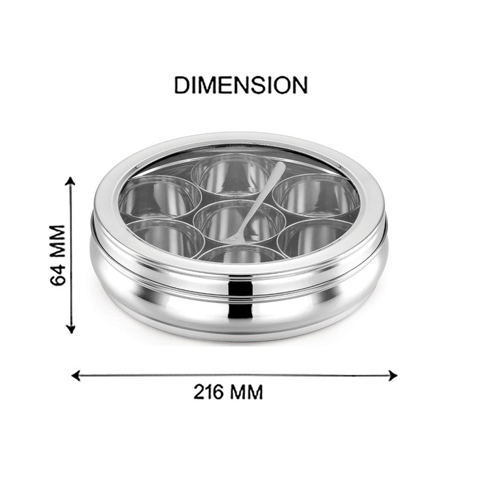 Stainless Steel Deluxe Spice Box With See-Through Lid | Masala Dabba | Masala Dani/Organiser With 7 Compartments And Steel Spoon | Small/ Medium