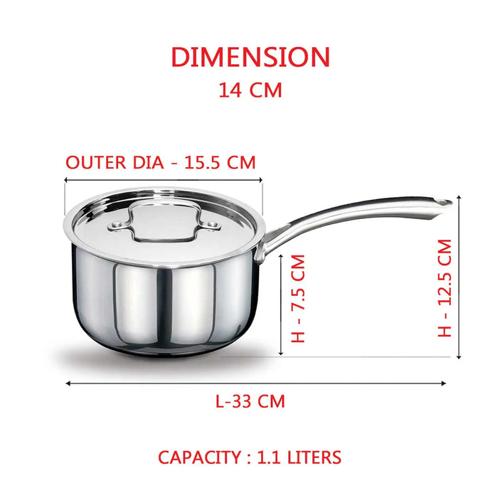 Riara Premium Stainless Steel Triply Saucepan With Steel Lid | Stay Cool Handles | 2.5 Mm Thickness | Induction Base | 1.10 L/1.5 L /2.25 L