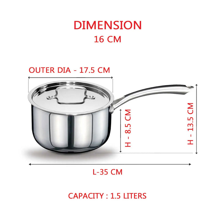 Riara Premium Stainless Steel Triply Saucepan With Steel Lid | Stay Cool Handles | 2.5 Mm Thickness | Induction Base | 1.10 L/1.5 L /2.25 L