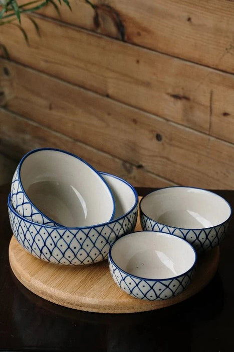 Stoneware White And Blue Ceramic Bowl Set 4