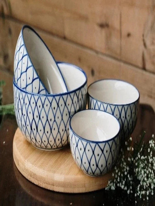 Stoneware White And Blue Ceramic Bowl Set 4