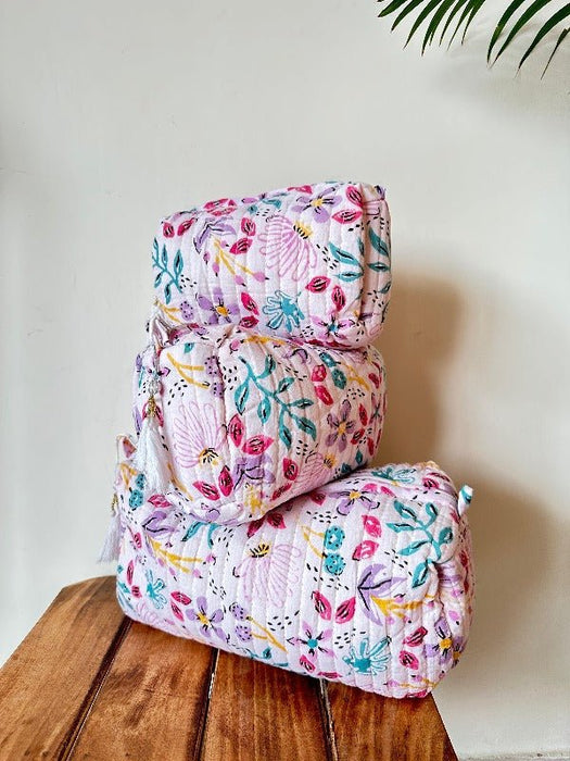 White Handblockprinted Water Resistant Cosmetic Pouch Set Of 3